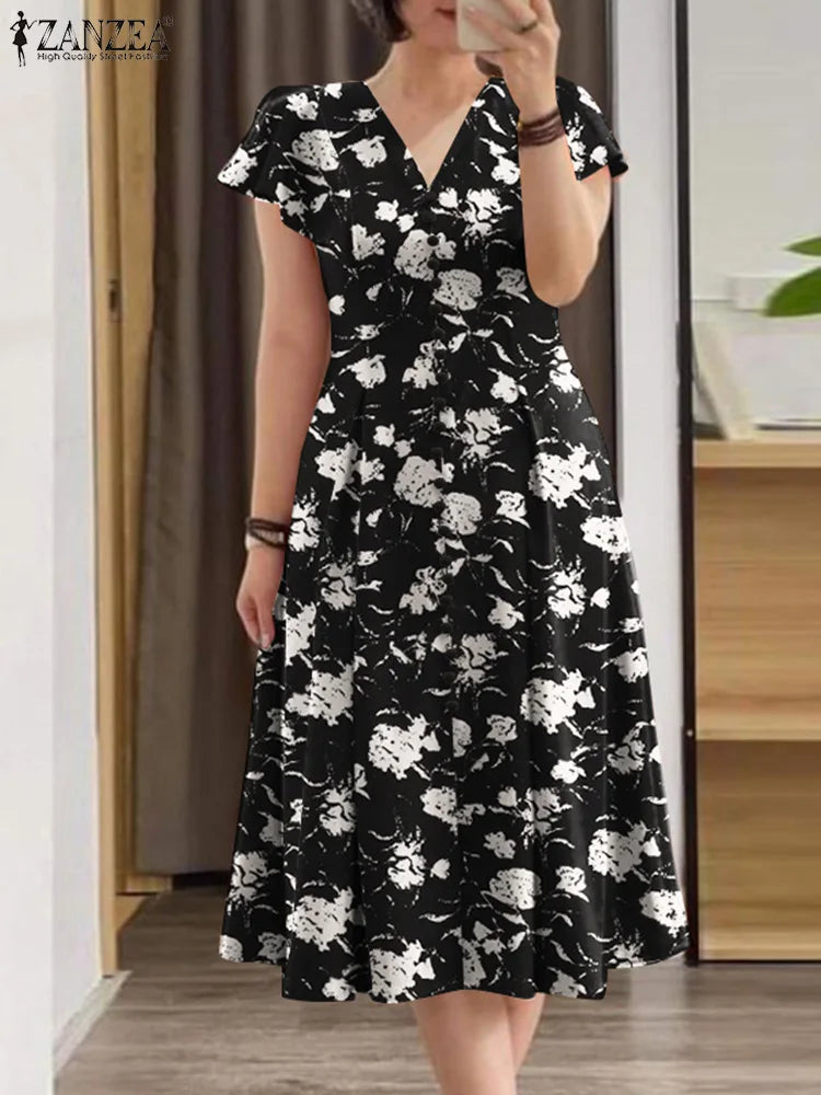 ZANZEA Fashion Floral Print Women Midi Dresses 2024 Summer Ruffle