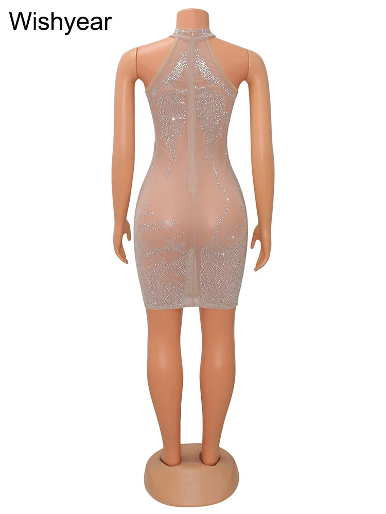 New Hot Rhinestone Mesh See Through Apricot Mini Dress Women