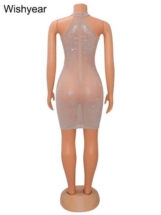 New Hot Rhinestone Mesh See Through Apricot Mini Dress Women