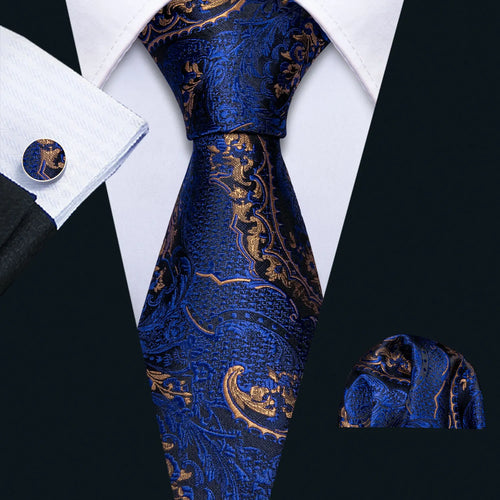 Men Tie Gold Navy Blue Striped Silk Tie 3.4" Jacquard Party