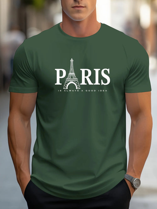 Summer Men's T Shirt Short Sleeve Paris Pattern Print Casual O-Neck