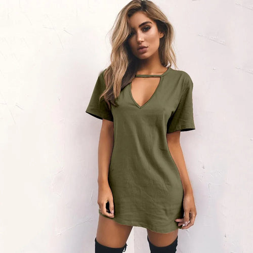 Deep V Neck Sexy Summer Dress Women Solid Color Hanging neck hollow