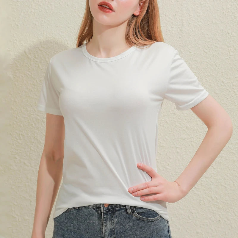 Solid Women Cotton T-shirt V-Neck Short Sleeve Female Tee Slim White