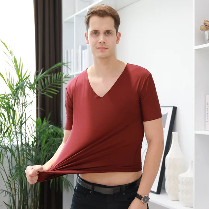 Summer Men's Ice Silk Vest Short Sleeves T Shirts V-Neck Tank Top Male