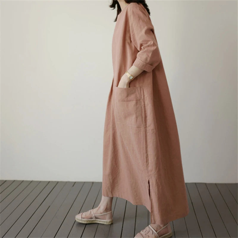 REALEFT 2024 New Cotton and Linen Women's Loose Long Dresses Pockets High Waist O-Neck Casual Straight Dress Female Summer