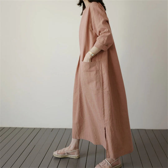 REALEFT 2024 New Cotton and Linen Women's Loose Long Dresses Pockets High Waist O-Neck Casual Straight Dress Female Summer