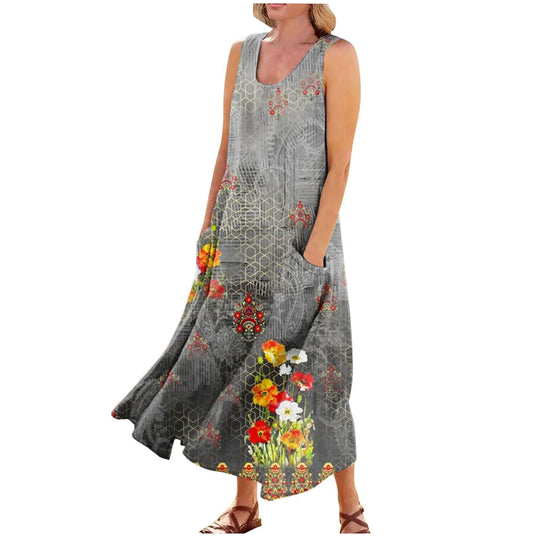 Women's Summer Casual Retro Dresses Beach Cover Up With Pockets Plus Size Loose Cotton Linen T-shirt Dress Beach Long Dress