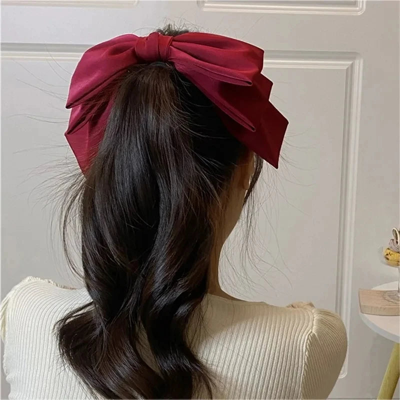 New Big Satin Hair Clip Hair Bows Girl Women Solid Pink Black Multi