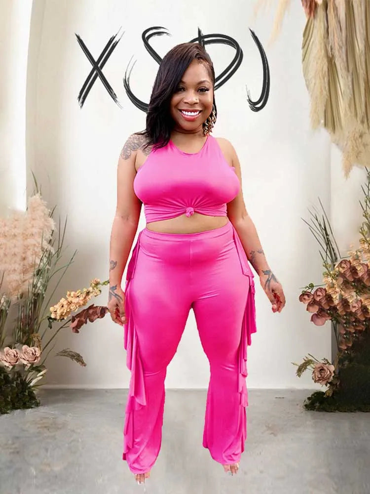 Style Plus Size Women Clothing Summer Two-piece Set Solid Color Tank Top Ruffle Pant Set Lady Trendy Suit Wholesale Dropshipping