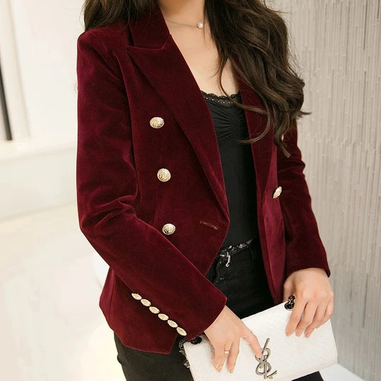 New Spring Fashion Women Midnight Navy Slim Velvet Blazer Office Lady