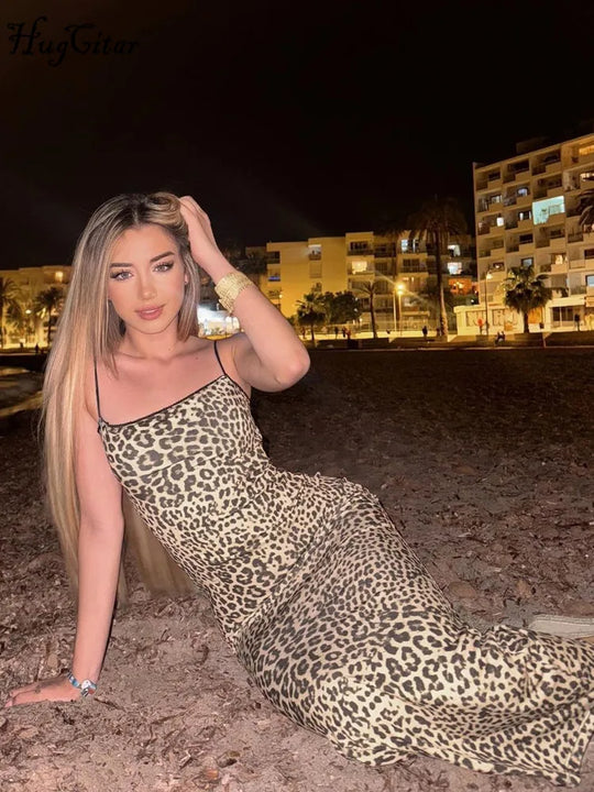 Hugcitar 2024 Fashion Leopard Print Slips Backless Sexy Bodycon Maxi