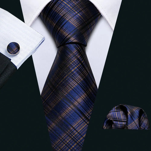 Men Tie Gold Navy Blue Striped Silk Tie 3.4" Jacquard Party