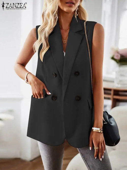 ZANZEA Vintage OL Casual Lapel Blazer Fashion Sleeveless Blazer Vest
