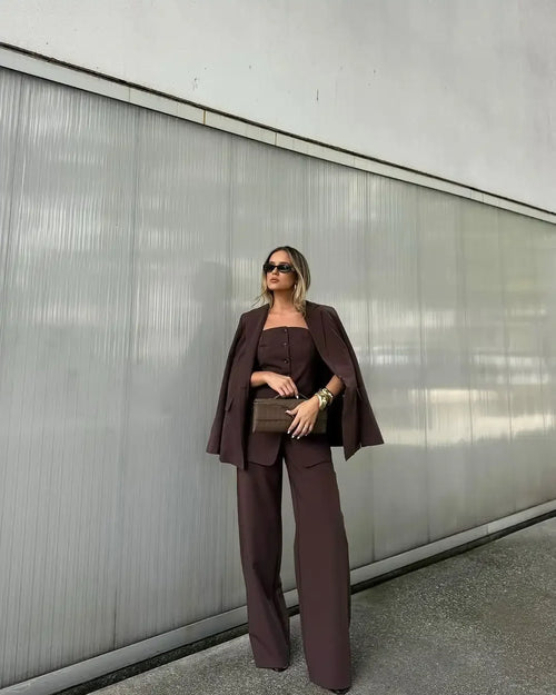 Women Brown Blazer Coat Pant Sets Chic Lapel Long Sleeve Jacket Slim