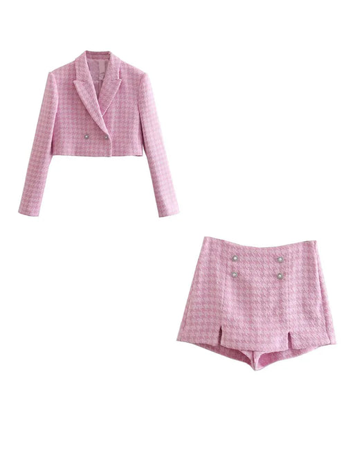 Klacwaya Tweed Set 2 Piece Chic Blazer Women Suit Shorts Sets Women