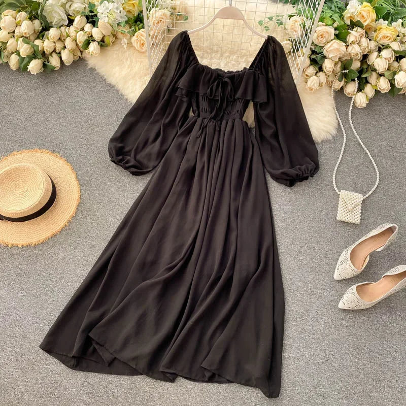 Woherb Chic Elegant Square Collar Maxi Dress Women Solid Chiffon Puff