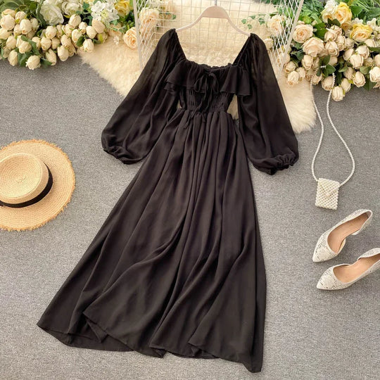 Woherb Chic Elegant Square Collar Maxi Dress Women Solid Chiffon Puff