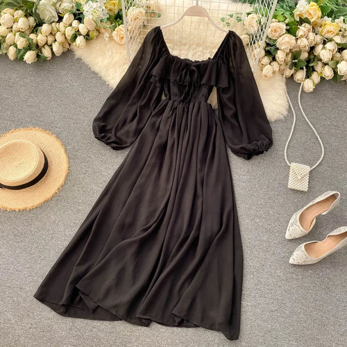 Woherb Chic Elegant Square Collar Maxi Dress Women Solid Chiffon Puff
