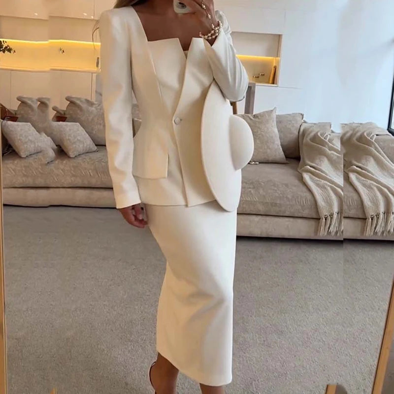 2024 Elegant Square Collar Long Sleeve Blazer&Long Skirts Suit Women