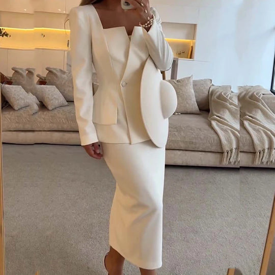 2024 Elegant Square Collar Long Sleeve Blazer&Long Skirts Suit Women