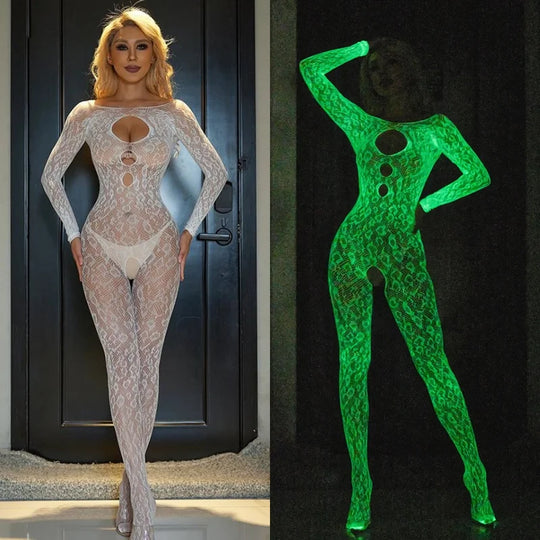 Luminous Fishnet Tights Women Elastic Mesh Open Crotch