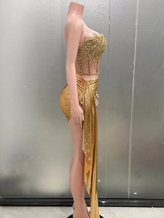 Gold Color Women Sexy 2 Pieces Strapless Bodycon Mini Dress Bar Singer
