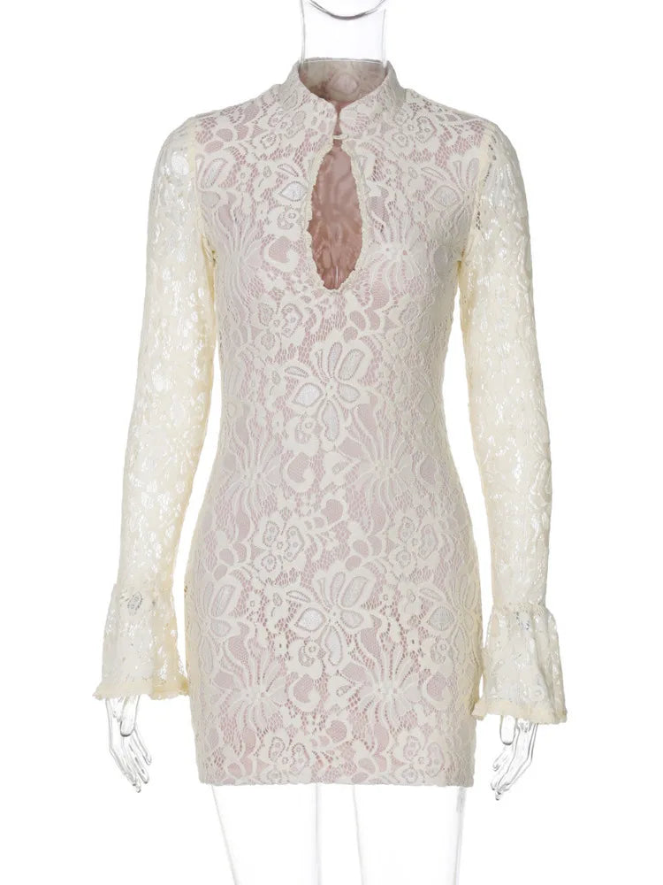 Mozision Lace Hollow Out Long Sleeve Sexy Mini Dress For Women Fashion