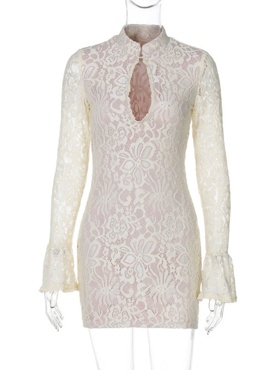Mozision Lace Hollow Out Long Sleeve Sexy Mini Dress For Women Fashion