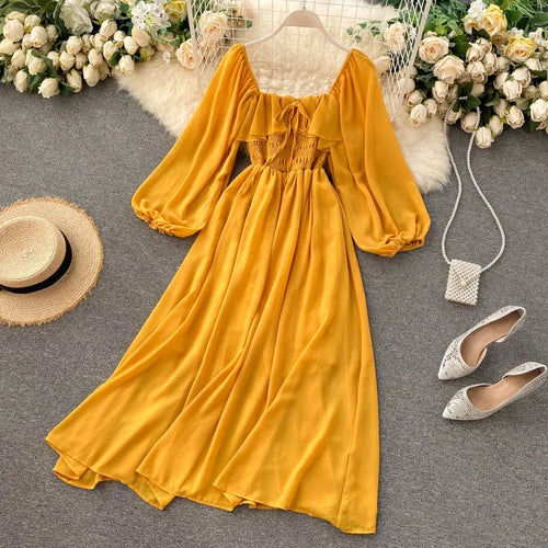 Woherb Chic Elegant Square Collar Maxi Dress Women Solid Chiffon Puff