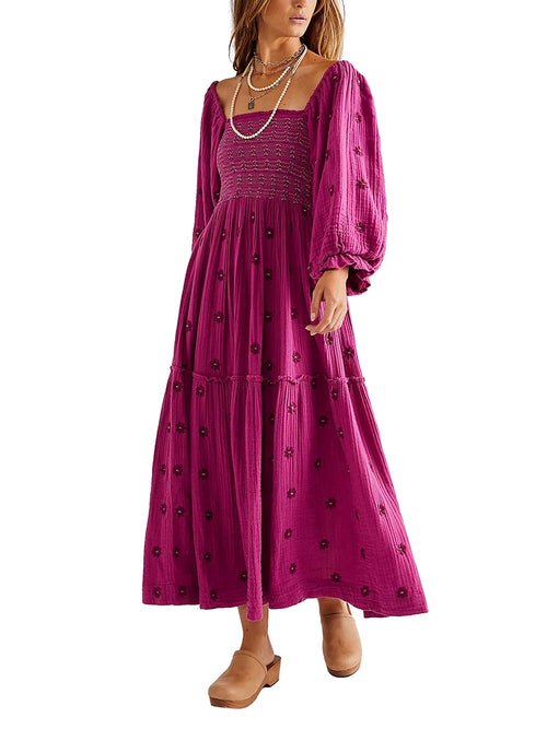 Women's Flower Embroidered Long Dress Bodycon Lantern Sleeve Square