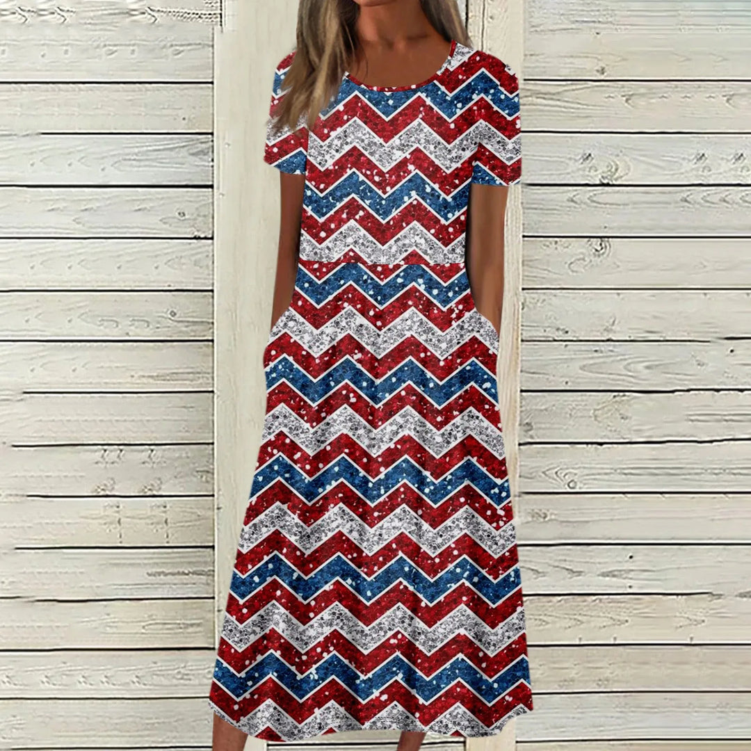 Women's Summer Dresses Casual Fashion Independence Day Printed Dress New Short Sleeved Round Neck Pocket Dress vestidos longos