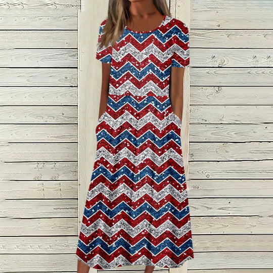 Women's Summer Dresses Casual Fashion Independence Day Printed Dress New Short Sleeved Round Neck Pocket Dress vestidos longos