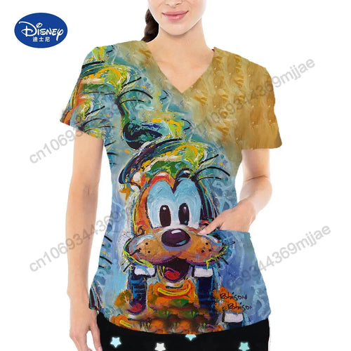 Fashion Vintage Y2k Tops V-neck Anime T-shirt Pocket Woman Clothes