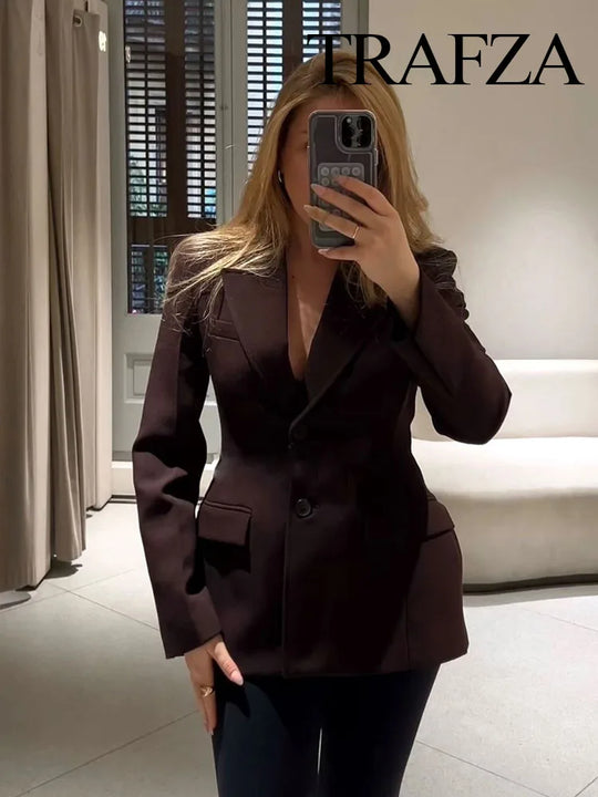 TRAFZA Women Fashion Suits Brown Turn-Down Collar Long Sleeves Single
