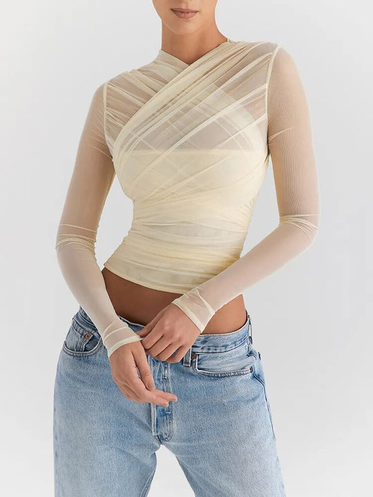 Mozision Sheer Mesh Long Sleeve Sexy T-shirt Women Autumn New V