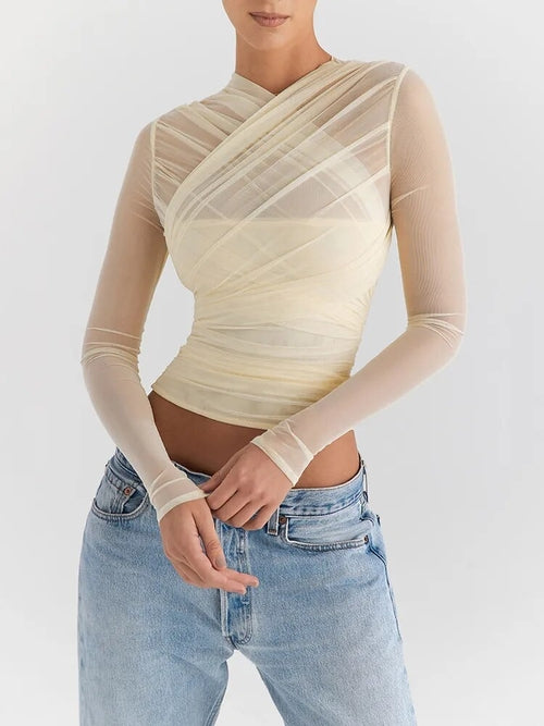 Mozision Sheer Mesh Long Sleeve Sexy T-shirt Women Autumn New V