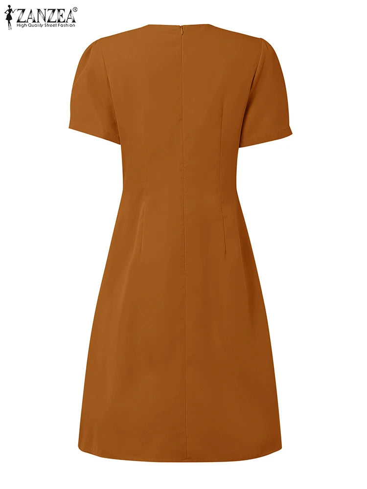 Elegant Pleated Dresses Women Summer Dress V Neck Puff Sleeve Party Vestidos Stylish Solid OL Work Sundress