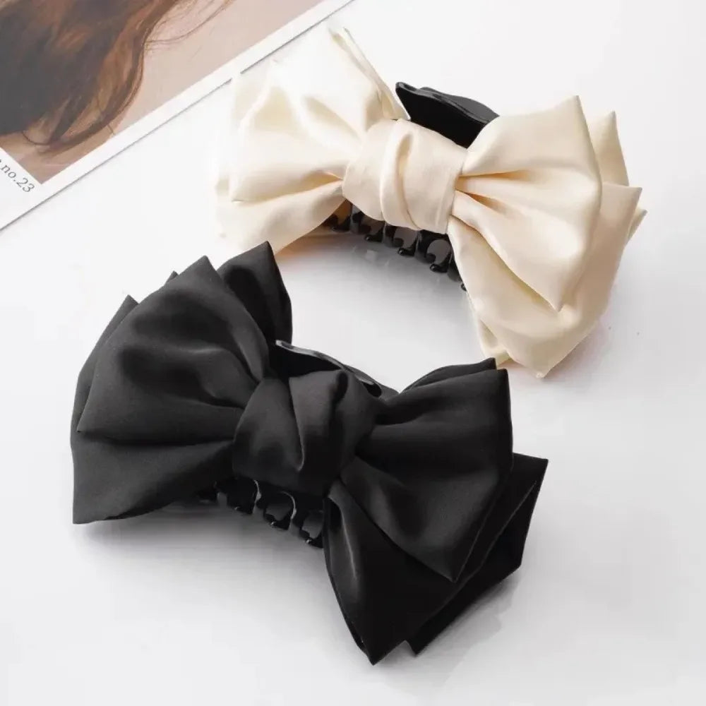 Elegant Women Bow Hair Claw Clips Double-sided Large Satin Shark Hair