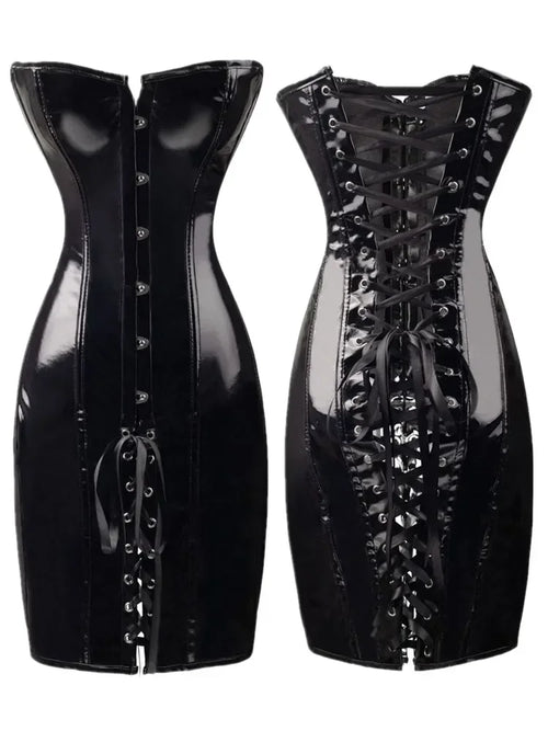 Hot Red Black Body Slim PVC Corset Sexy Club Long Bustier Dress Long