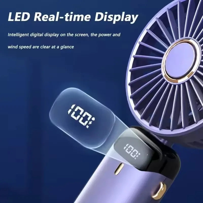 1800mAh Handheld Mini Fan Foldable Portable Neck Hanging Fans 5 Speed USB Rechargeable Fan with Phone Stand and Display Screen