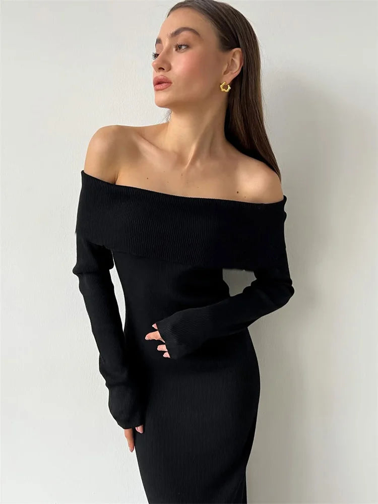 Tossy Fashion Knit Long Dress Off-Shoulder Female Ribbed Loose High