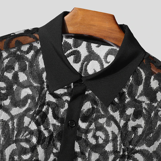 Men Shirt Mesh Transparent Jacquard Lapel Long Sleeve Streetwear Sexy Men Clothing 2025 Fashion Unisex Shirts S-5XL INCERUN