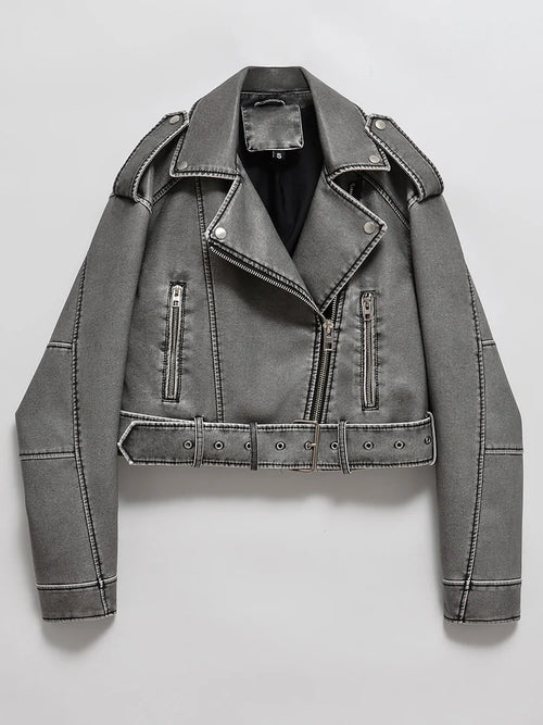 Ailegogo Women Vintage Loose Washed Faux Leather Short Jacket
