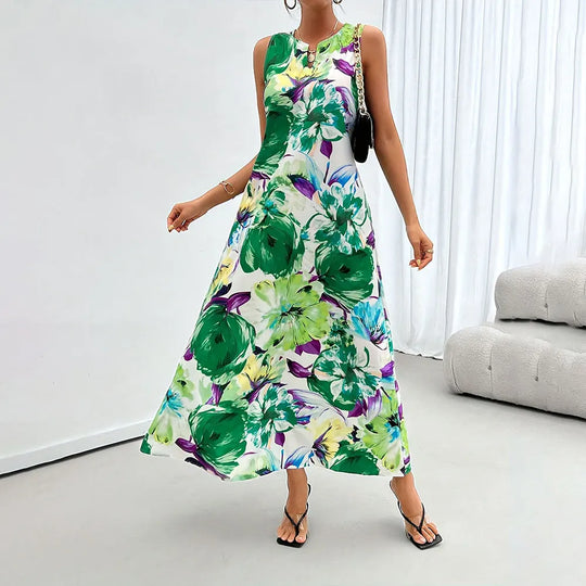 Summer Loose Dress Fashion Floral Digital Print V-Neck Vest Pocket Dress Casual Elegant Sleeveless Evening Dress For Women