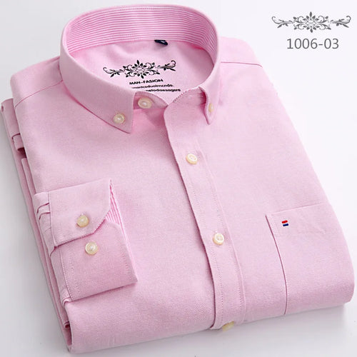 New Men's Long Sleeve Oxford PlaidStriped Casual Shirt Front Patch