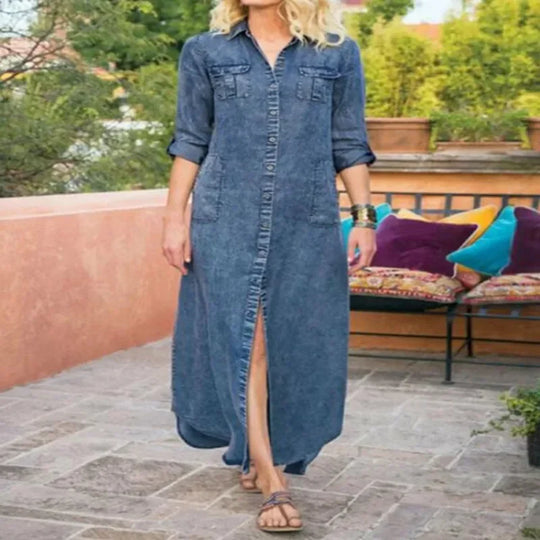 Summer Women's L-5XL Plus Size Loose Solid Color Casual Denim Long Dress Fashionable Flip Collar Button Long Sleeve Pocket Denim