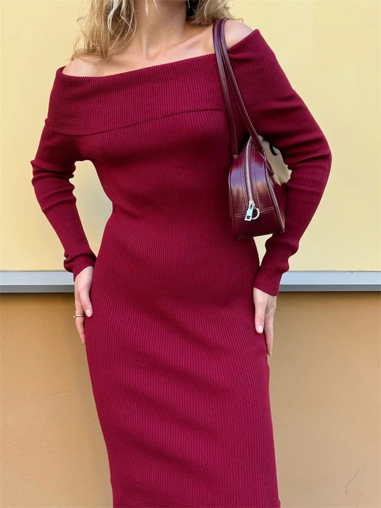 Tossy Fashion Knit Long Dress Off-Shoulder Female Ribbed Loose High