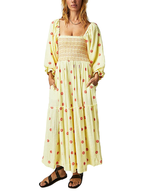 Women's Flower Embroidered Long Dress Bodycon Lantern Sleeve Square