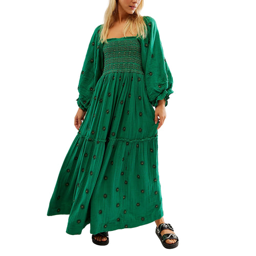 Women's Flower Embroidered Long Dress Bodycon Lantern Sleeve Square