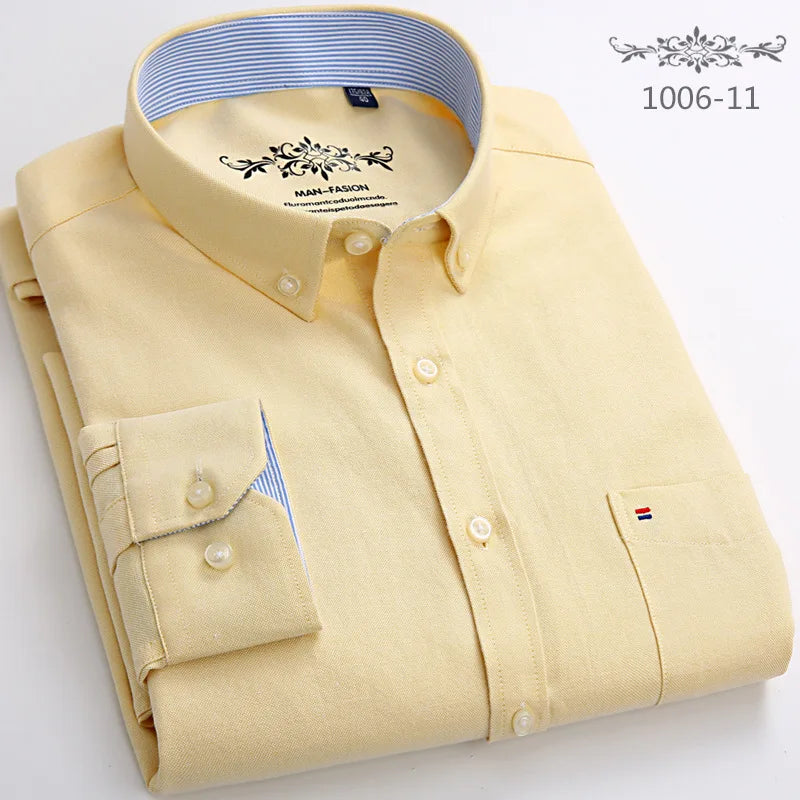 New Men's Long Sleeve Oxford PlaidStriped Casual Shirt Front Patch